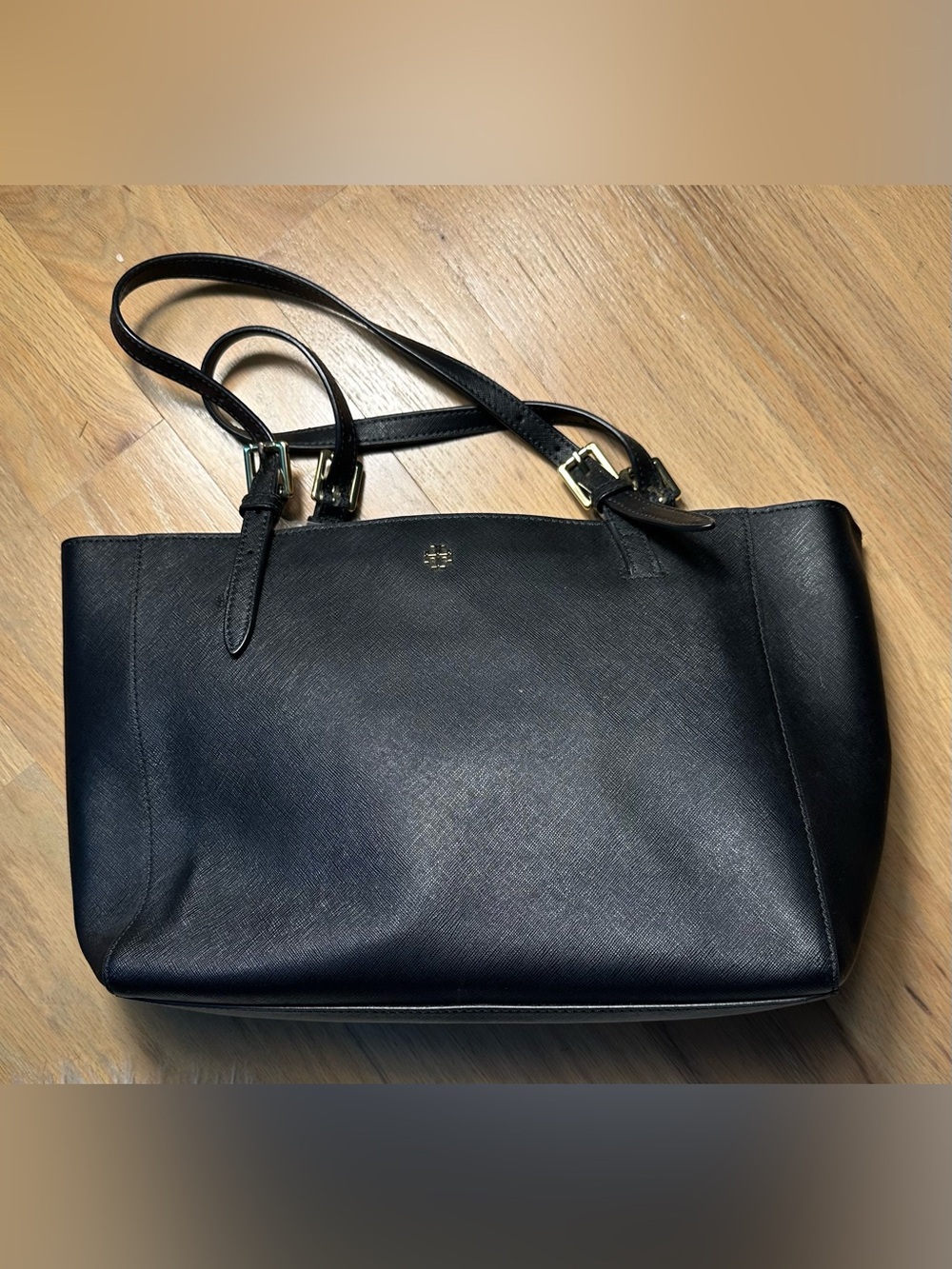 Tory Burch Black Leather Tote with Gold Accents